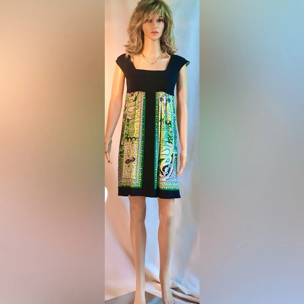 LONDON TIMES Black Green empire waist minidress Short sleeve Square neckline S6 - Picture 12 of 13